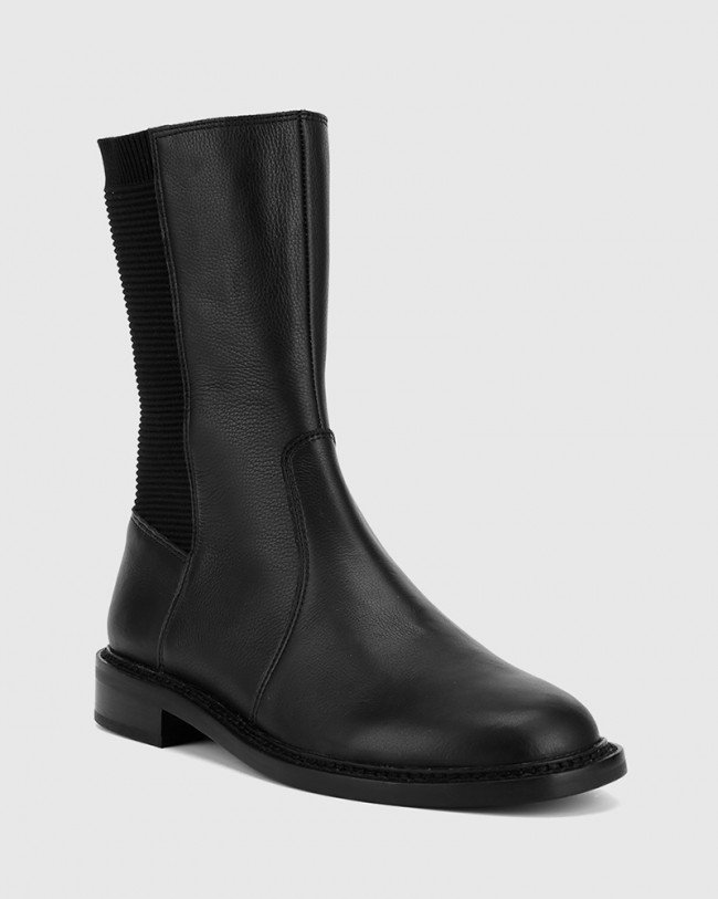 Wittner Blane Black Leather Stretch Gusset Pull On Flat Boot