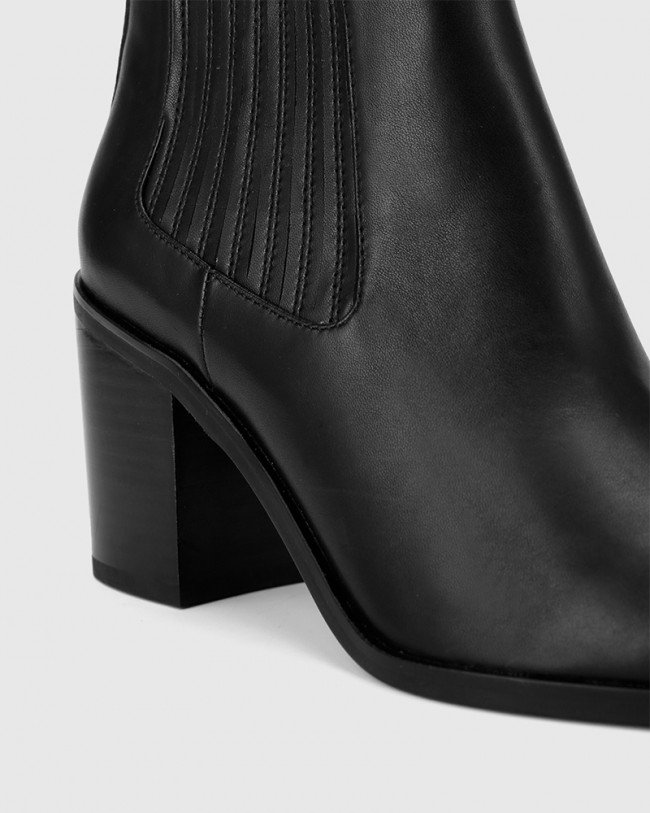 Wittner Parton Black Leather Elastic Gusset Block Heel Ankle Boot
