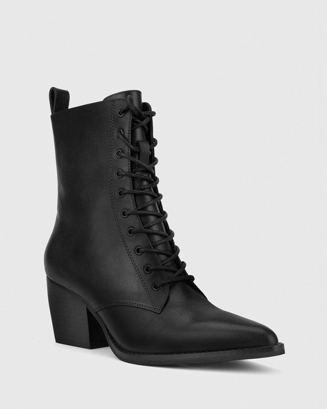 Wittner Kallie Black Leather Pointed Toe Lace Up Block Heel Ankle Boot