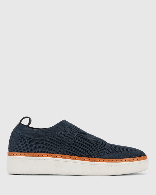 Wittner Griffin Navy Stretch Knit & Nubuck Leather Pull On Sneaker
