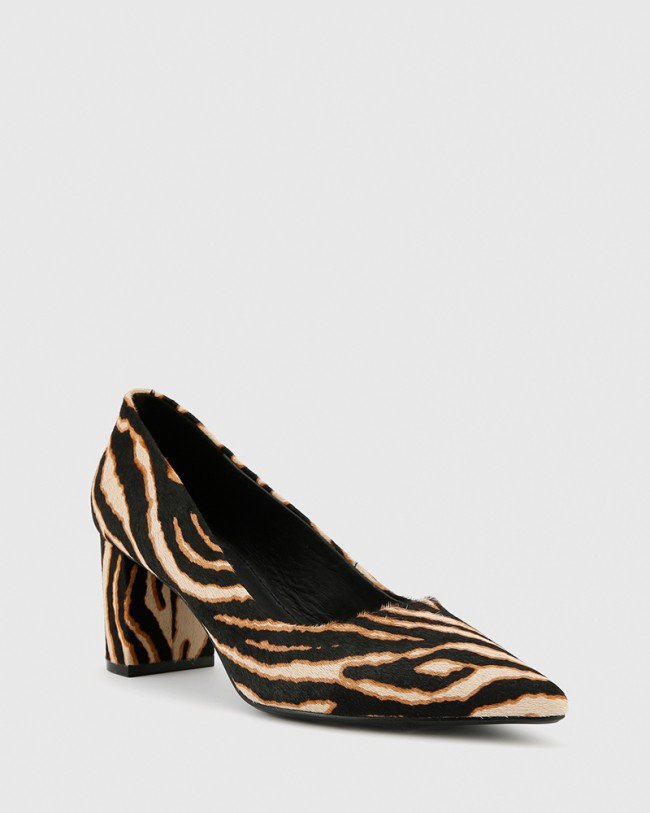 Wittner Dalena Chocolate Zebra Pony Hair Leather Block Mid Heel