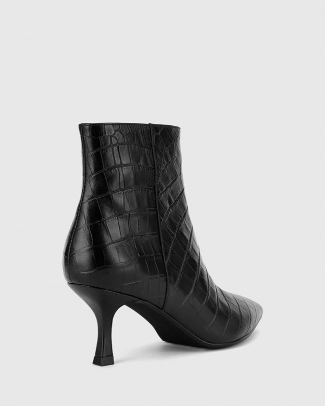 Wittner Derova Black Croc Print Leather Stiletto Heel Ankle Boot