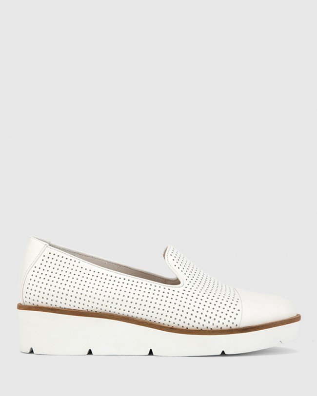 Wittner Janey White Pin Punch Leather Flatform Wedge Slip On Loafer