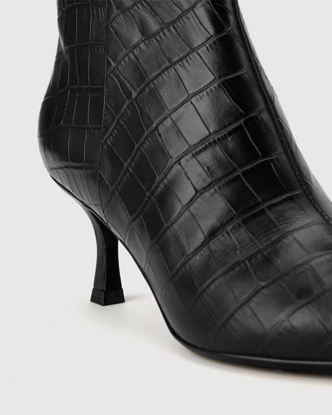 Wittner Derova Black Croc Print Leather Stiletto Heel Ankle Boot