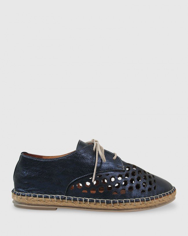 Wittner Kabrina Navy Metallic Leather Perforated Espadrille Brogue