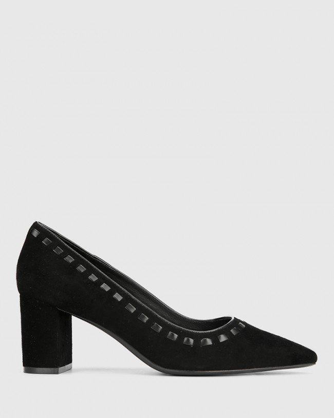 Wittner Dallory Black Suede Leather Pointed Toe Block Heel