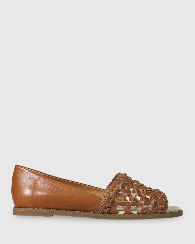 Wittner Joeey Cognac Leather Weave Detail Open Toe Flat