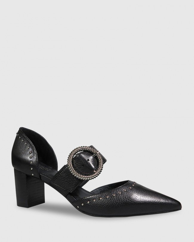 Wittner Dianella Black Leather Silver Buckle Detail Block Heel