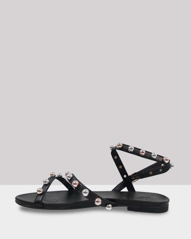 Wittner Kalisha Black Leather Strappy Stud Detail Flat Sandal