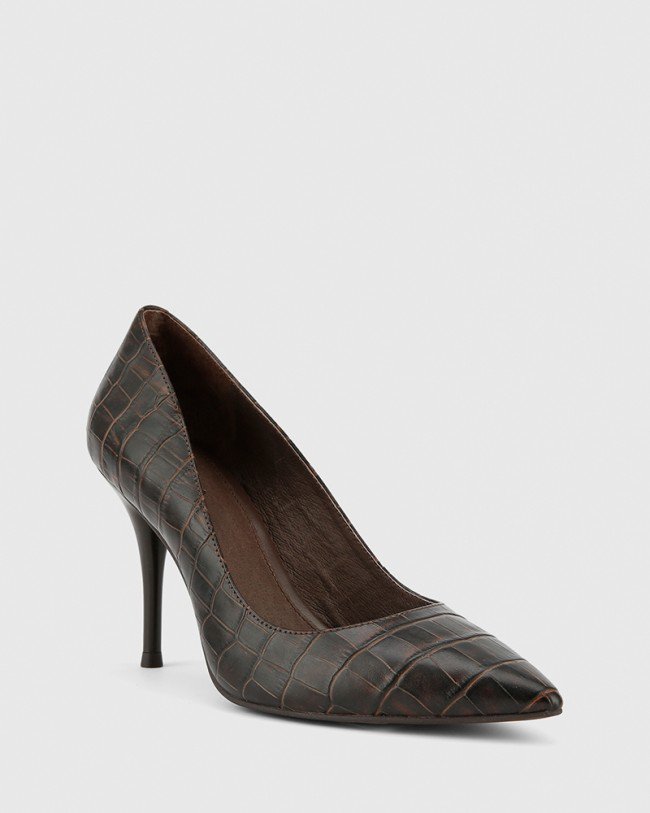 Wittner Hughes Chocolate Crocodile Embossed Leather Pointed Toe Stiletto Heel