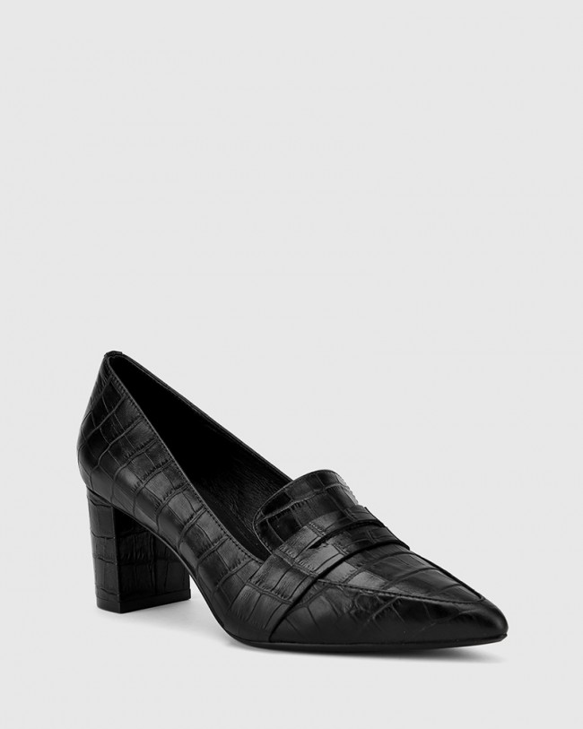 Wittner Donner Black Crocodile Print Leather Block Heel Pointed Pump