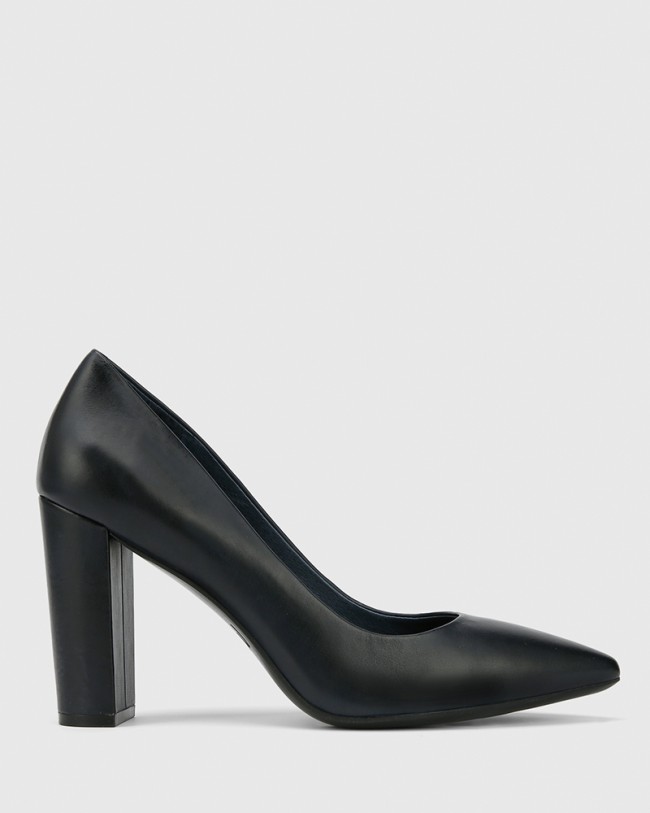 Wittner Hether Navy Leather Pointed Toe Block Heel
