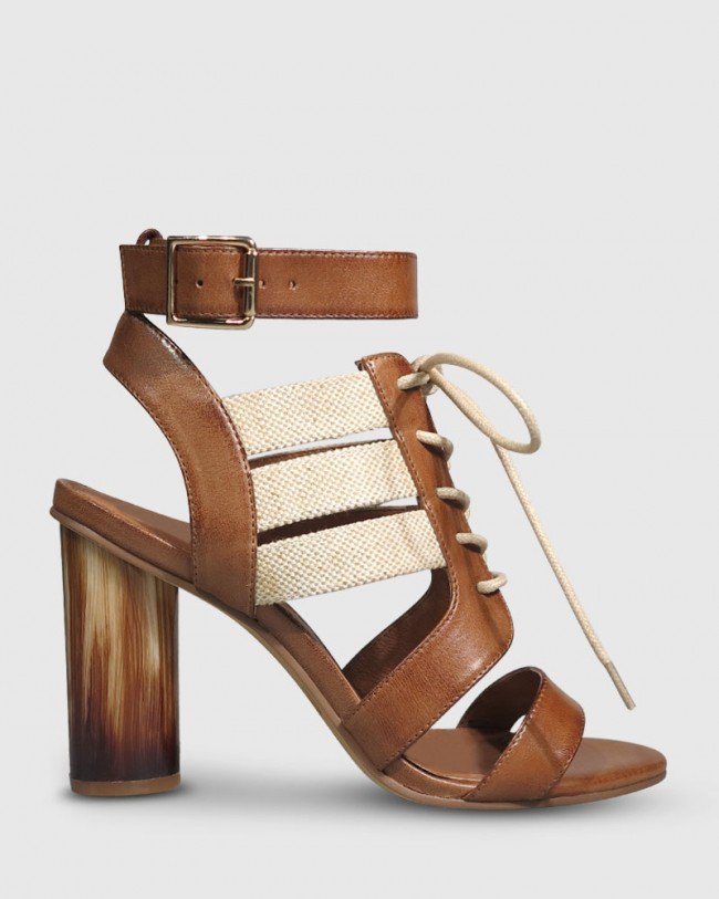 Wittner Revano Tan Burnished Leather Lace Up Block Heel