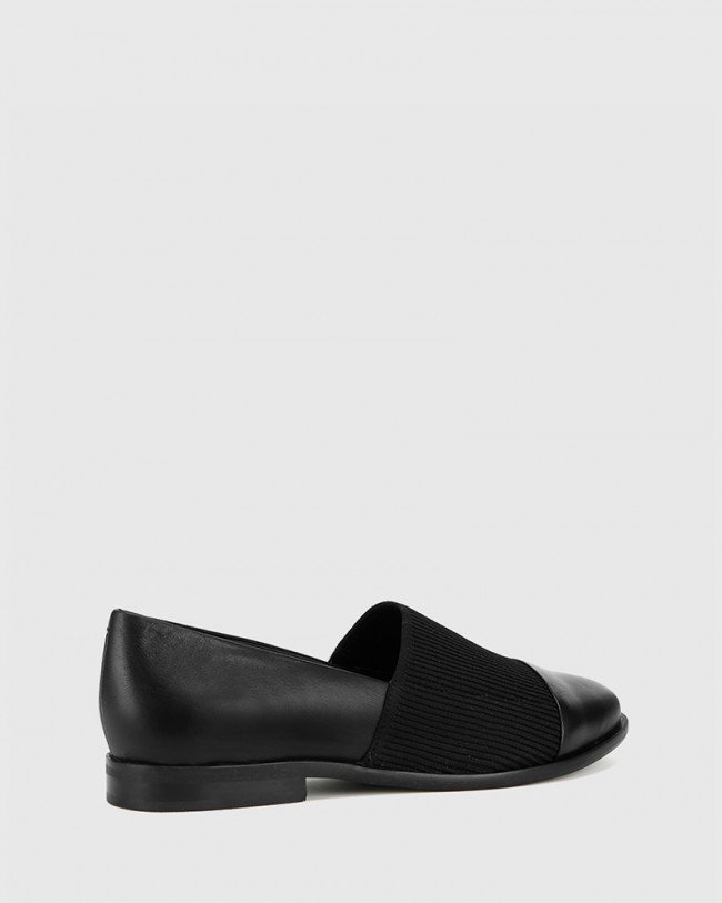 Wittner Janis Black Leather Stretch Knit Block Heel Loafer