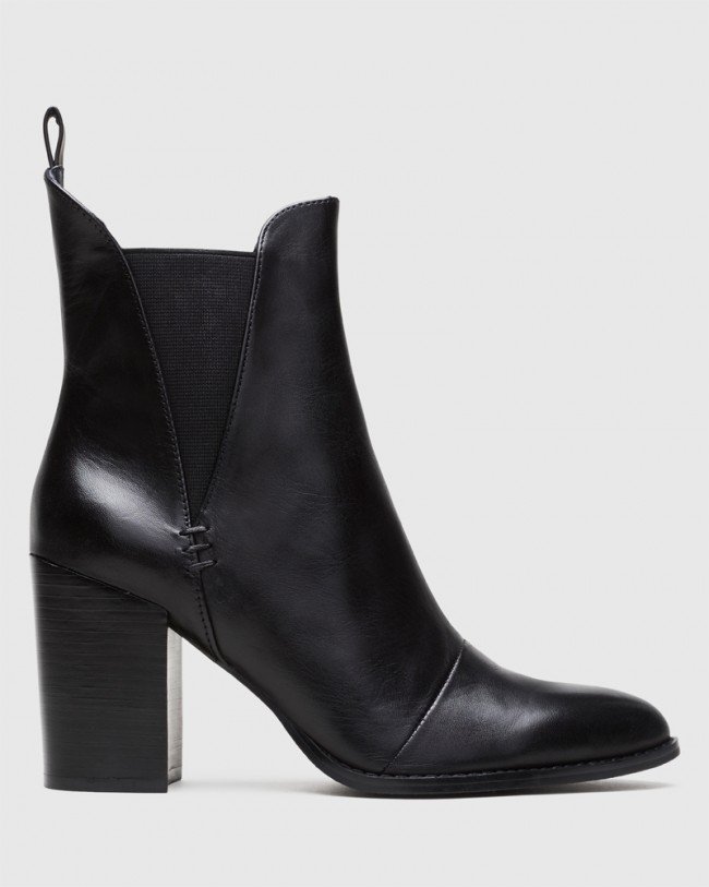 Wittner Honesty Black Leather Elasticated Gusset Block Heel Ankle Boot