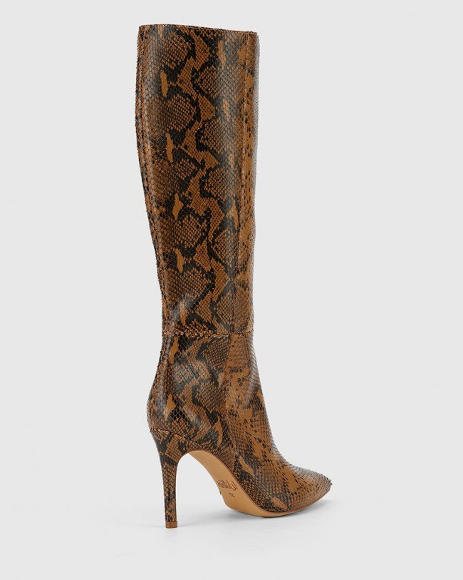 Wittner Hallow Brown Snake Printed Leather Pointed Toe Stiletto Heel Long Boot