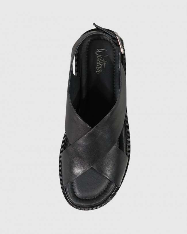 Wittner Timmie Black Leather Slingback Flatform Sandal