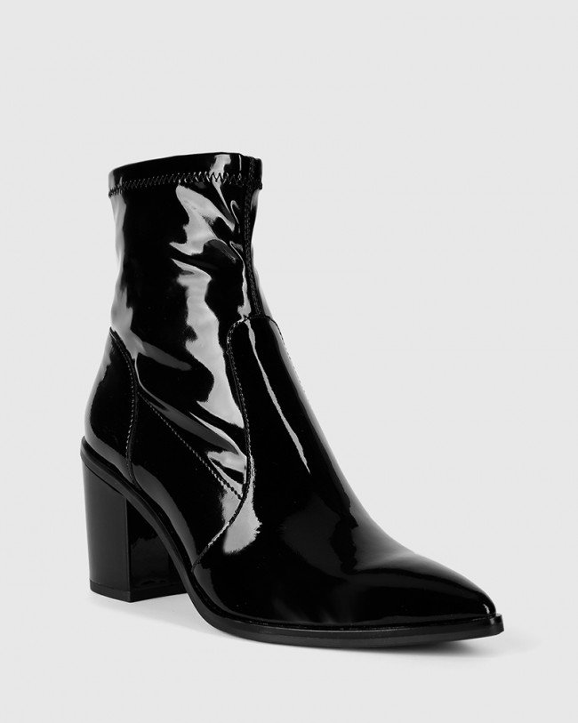 Wittner Posey Black Patent Leather Stretch Block Heel Boot