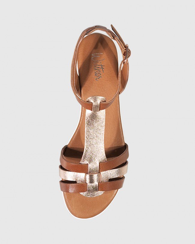 Wittner Jericho Cognac & Rose Gold Leather Wedge Sandal