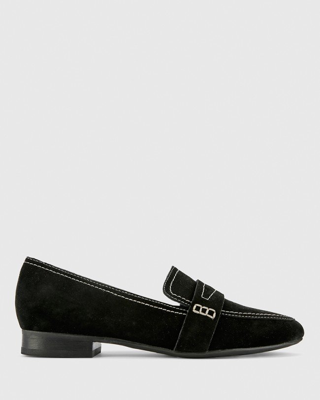 Wittner Abelon Black Suede Stitched Flat Penny Loafer
