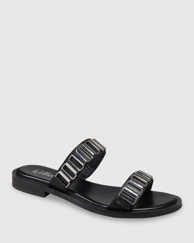 Wittner Citra Black Leather Silver Hardware Flat Slide