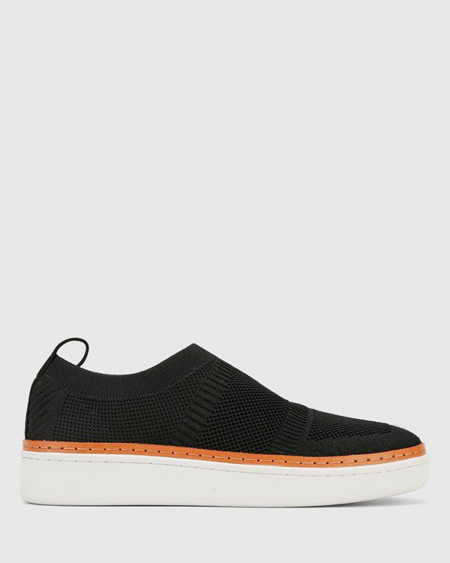 Wittner Griffin Black Stretch Knit & Nubuck Leather Pull On Sneaker