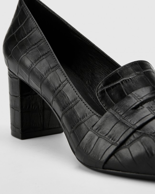 Wittner Donner Black Crocodile Print Leather Block Heel Pointed Pump