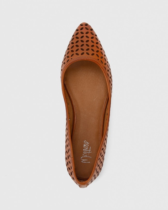 Wittner Prue Cognac Leather Perforated Pointed Toe Flat