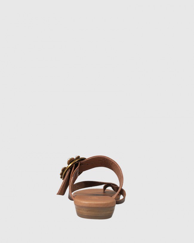 Wittner Sylvia Cognac Leather Gold Buckle Detail Flat Slide