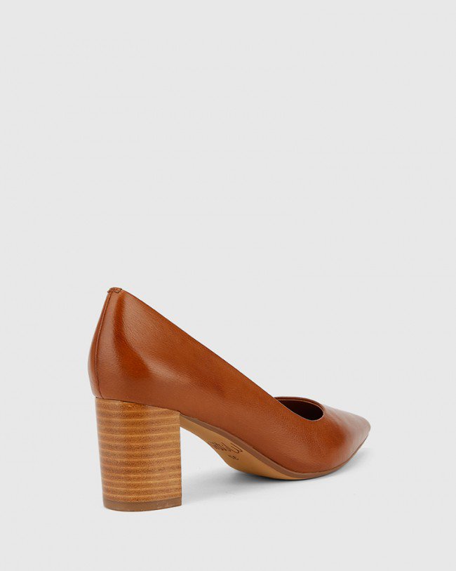 Wittner Dalena Dark Cognac Scotch Leather Block Heel Pointed Toe