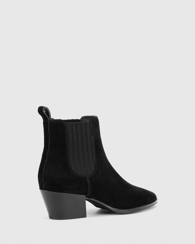 Wittner Kyrone Black Suede Leather Block Heel Point Toe Boot