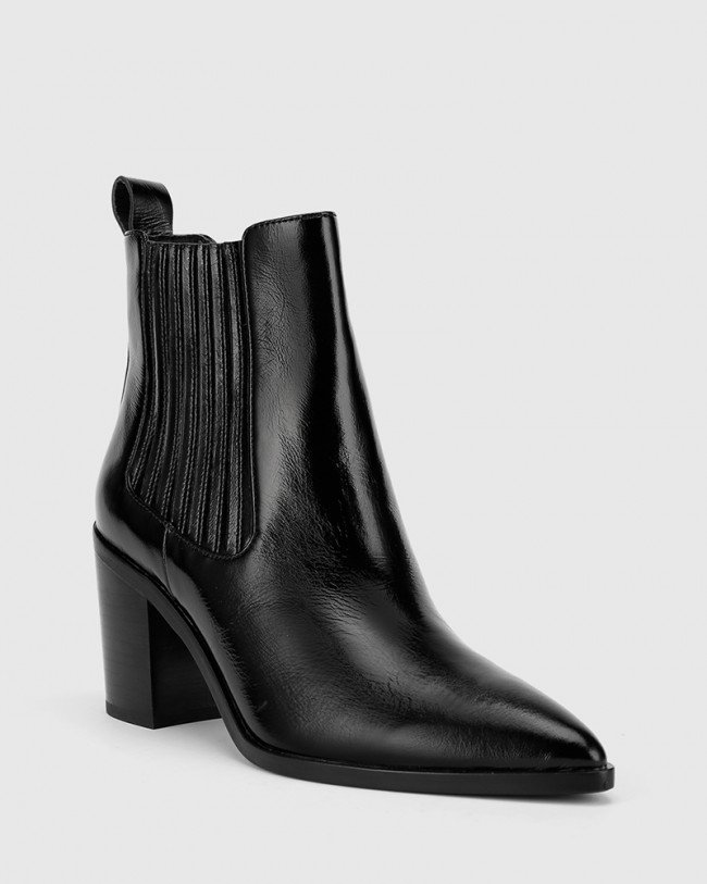Wittner Parton Black Patent Leather Elastic Gusset Block Heel Ankle Boot