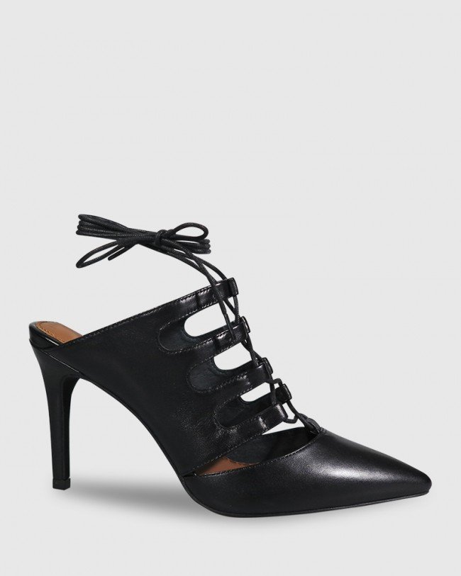 Wittner Handre Black Leather Lace Up Heeled Mule