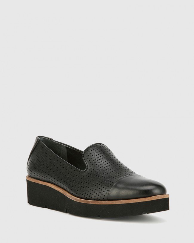 Wittner Janey Black Pin Punch Leather Flatform Wedge Slip On Loafer