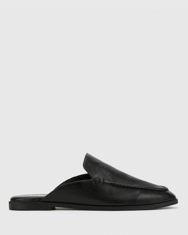 Wittner Anzel Black Leather Almond Toe Flat Mule