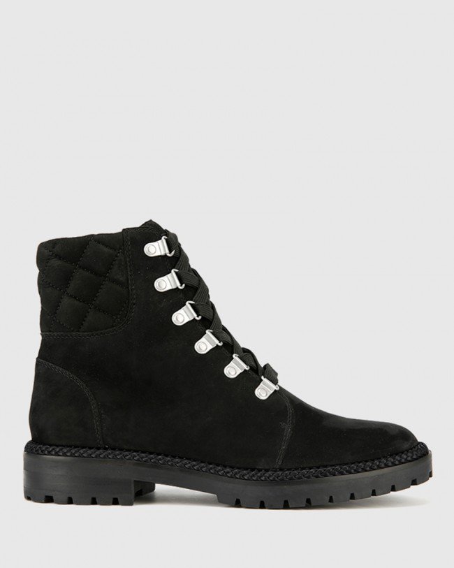Wittner Bentleigh Black Nubuck Leather Quilted Collar Lace Up Ankle Boot