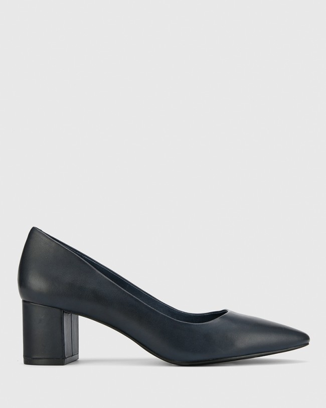 Wittner Liona Navy Leather Pointed Toe Mid Heel