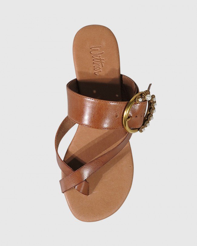 Wittner Sylvia Cognac Leather Gold Buckle Detail Flat Slide
