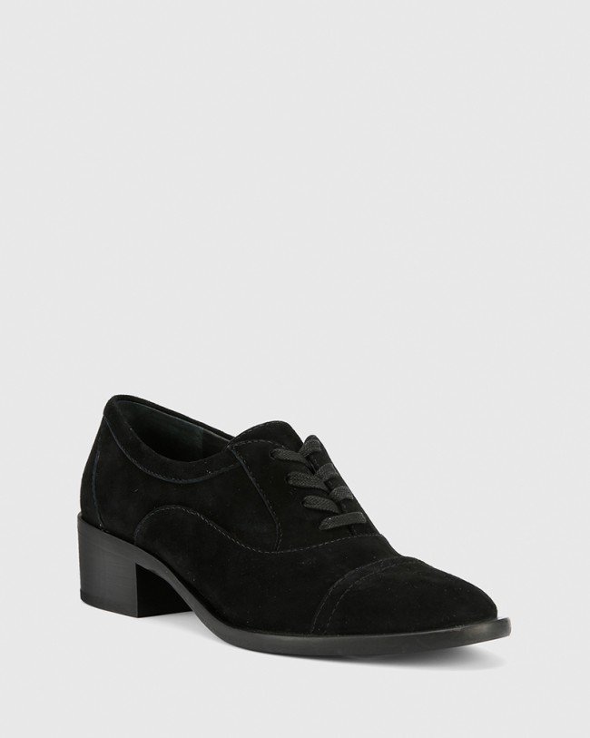 Wittner Fallow Black Suede Block Heel Lace Up Brogue