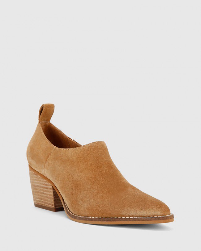 Wittner Keisha Caramel Suede Leather Pointed Toe Block Heel Bootie