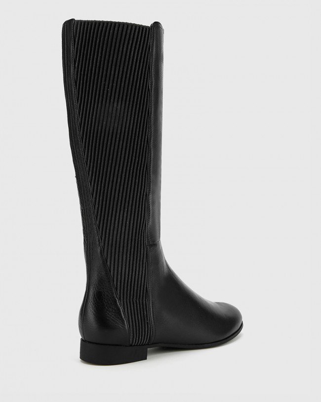 Wittner Drue Black Leather Stretch Knit Gusset Round Toe Long Boot