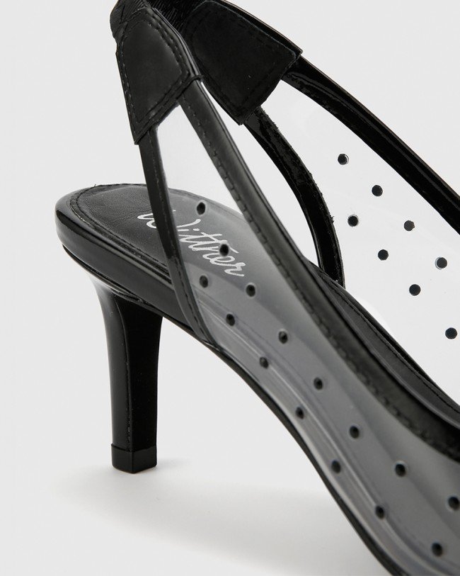 Wittner Diamante Black Patent & Clear Vinyl Slingback Heel
