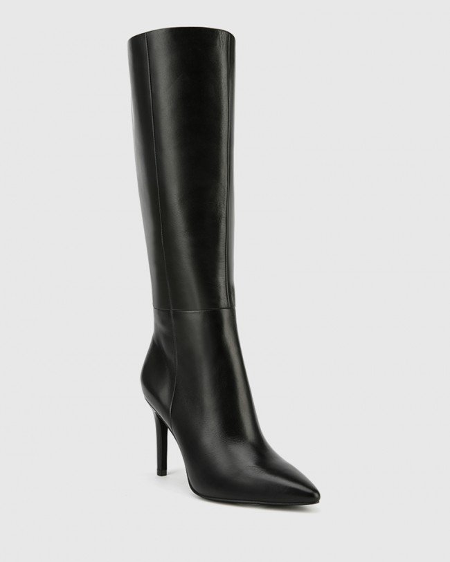 Wittner Hallow Black Leather Pointed Toe Stiletto Heel Long Boot