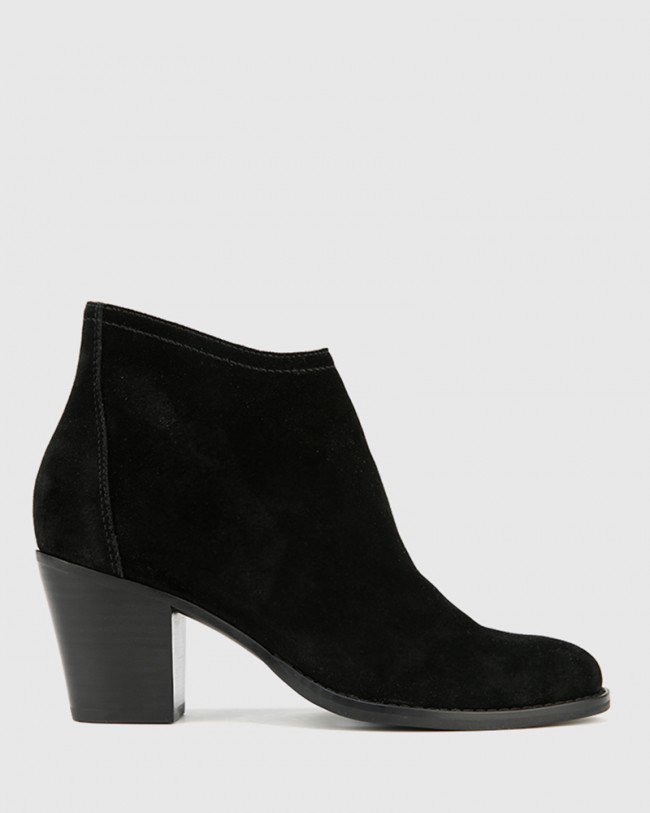 Wittner Kylar Black Suede Leather Round Toe Block Heel Ankle Boot