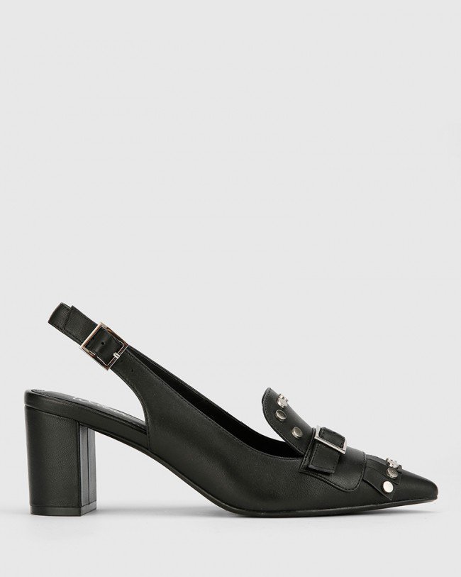Wittner Danae Black Leather Stud Detail Slingback Heel