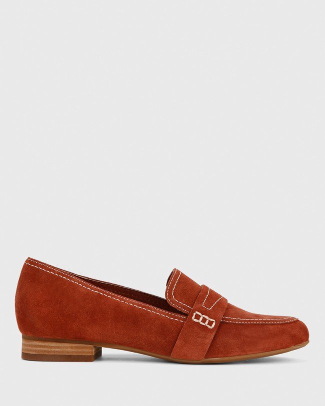 Wittner Abelon Rust Suede Stitched Flat Penny Loafer
