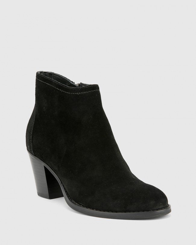 Wittner Kylar Black Suede Leather Round Toe Block Heel Ankle Boot