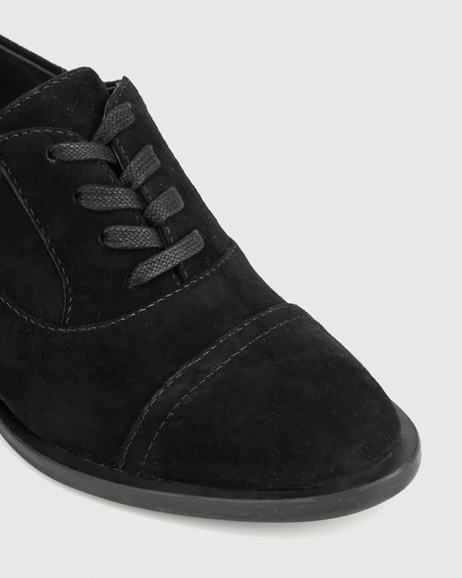 Wittner Fallow Black Suede Block Heel Lace Up Brogue