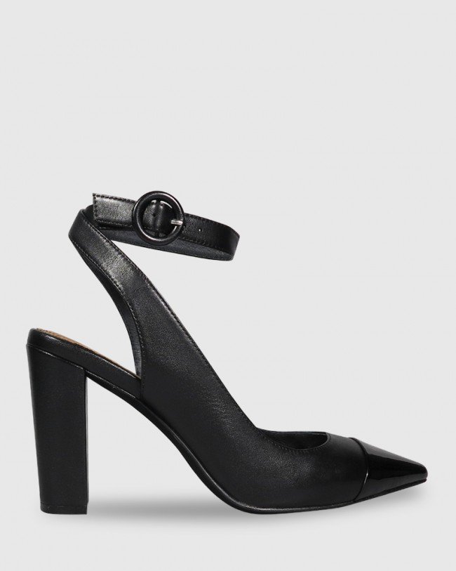 Wittner Helaine Black Leather Patent Toe Cap Block Heel