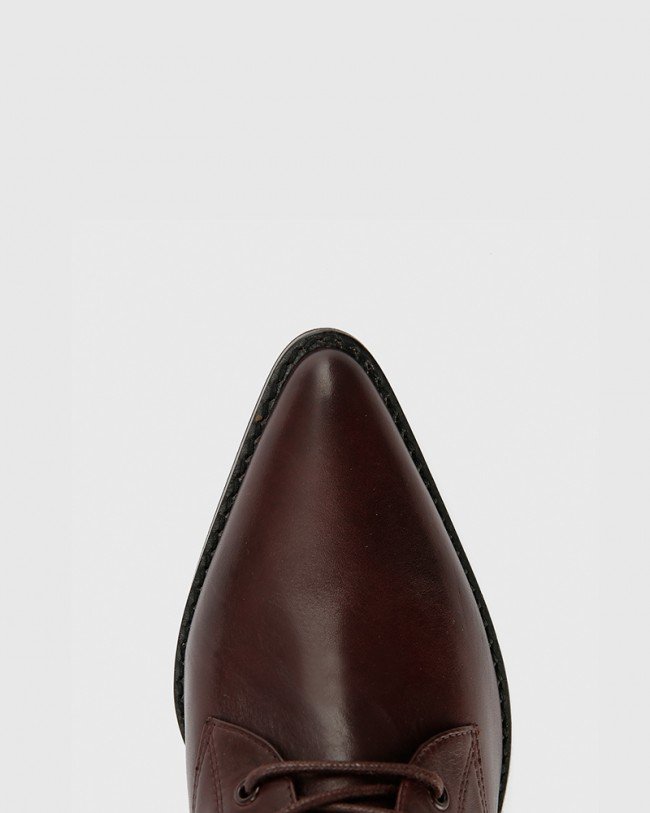 Wittner Kallie Wine Leather Pointed Toe Lace Up Block Heel Ankle Boot